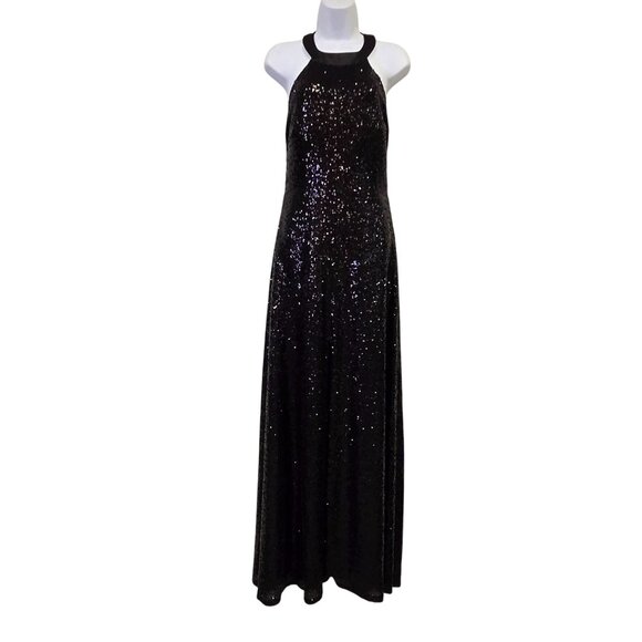 B. Darlin 9/10 Y2K Vintage Black Sequin Halter Maxi Dress Strappy Open Back Fron - Picture 1 of 10